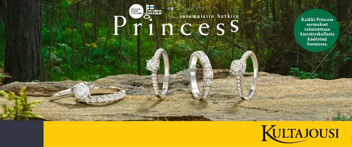 Kultajousi Princess-timanttisormukset metsämaisemassa kalliolla